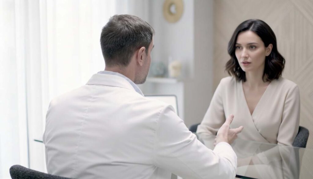 El doctor Sarria explicandole el tratamiento de lipofilling a la paciente | lipofilling